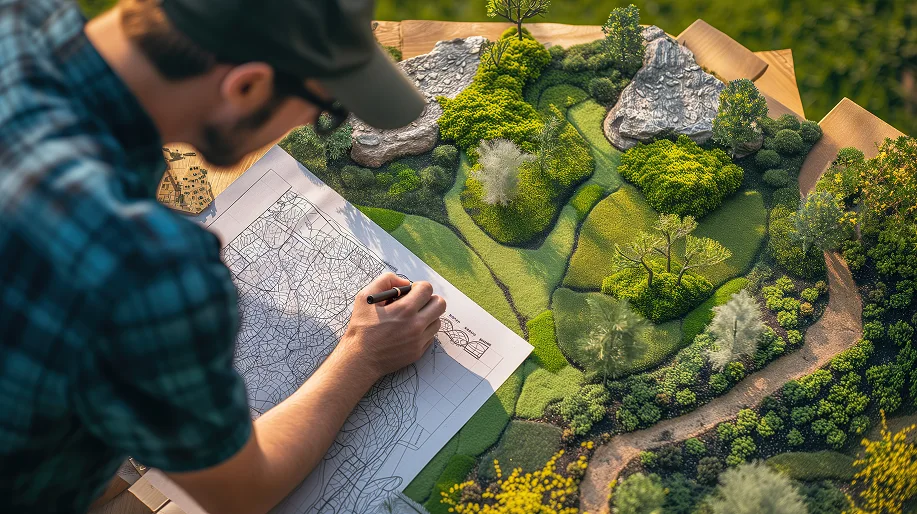 Proceso de diseño paisajístico previo al movimiento de tierras en Hontoba Visualización detallada del modelado de terreno y zonas verdes en fase de diseño antes del movimiento de tierras en Hontoba.