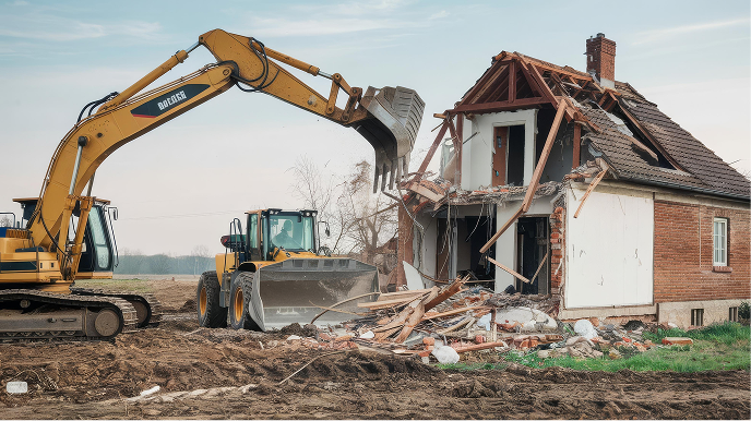 Derribo de vivienda unifamiliar con maquinaria en Hontoba Excavadora derribando vivienda rural de ladrillo en proceso de demolición en Hontoba
