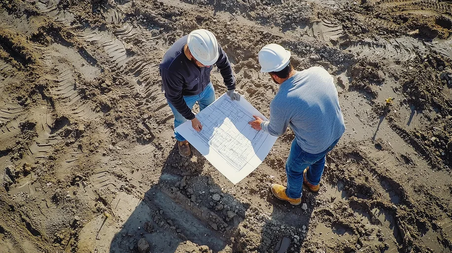 Supervisión de planos en terreno de obra para movimiento de tierras en Hontoba Técnicos revisando planos sobre el terreno para ejecutar con precisión tareas de movimiento de tierras en Hontoba.