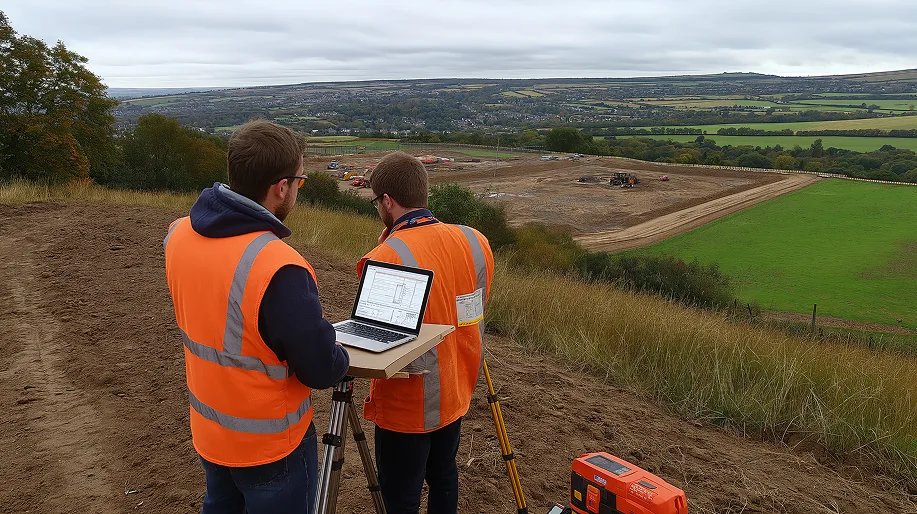 Técnicos topógrafos evaluando la zona antes del movimiento de tierras en Hontoba Estudio topográfico previo a la intervención en terreno rural de Hontoba